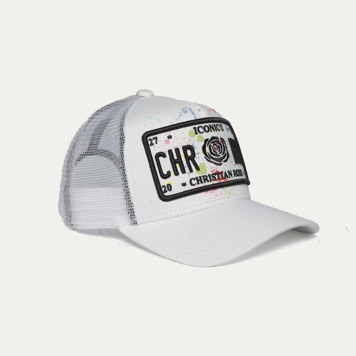 Christian Rose Iconic II Trucker Cap In White Paint Splat