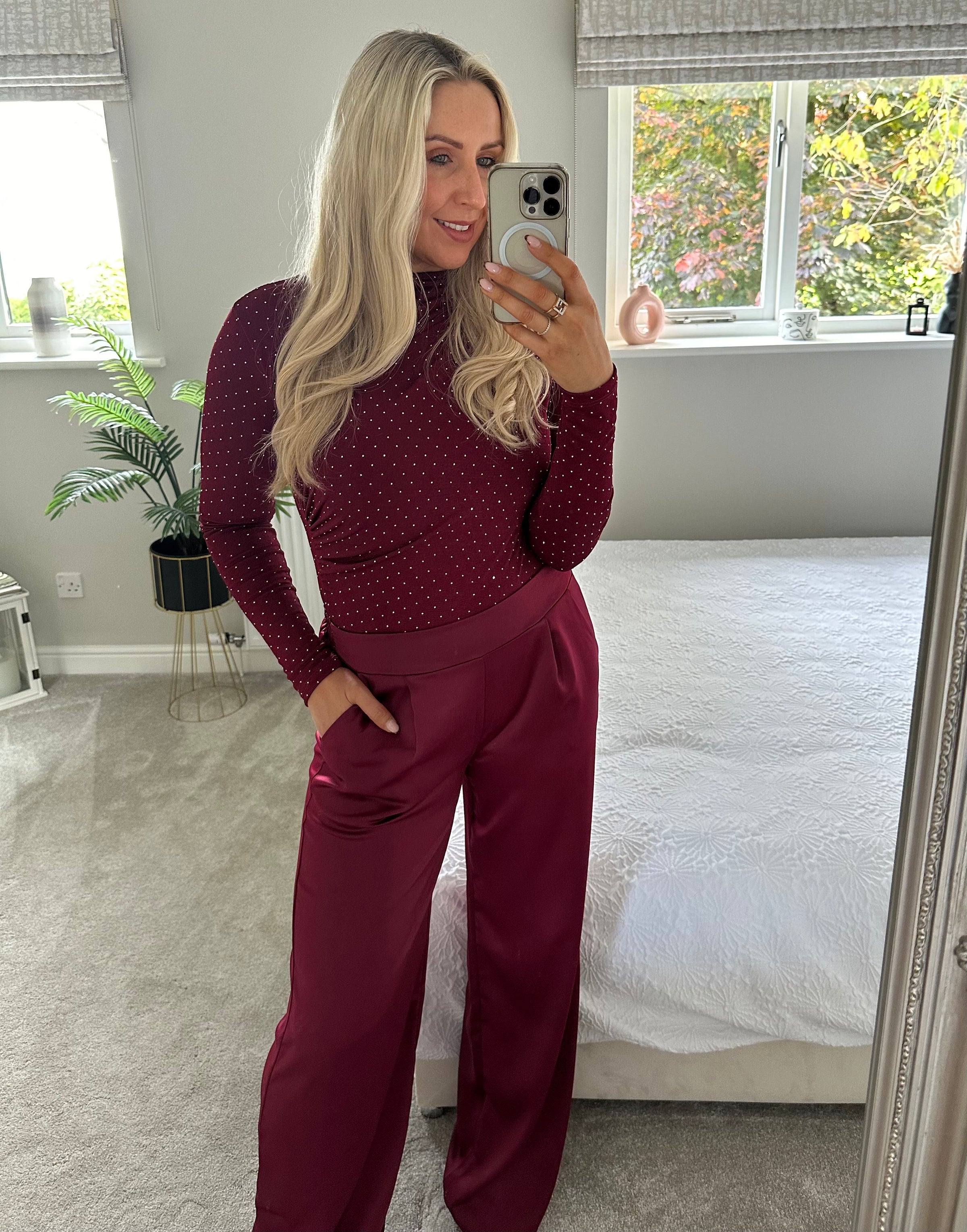 Brooke Satin Trousers In Burgundy