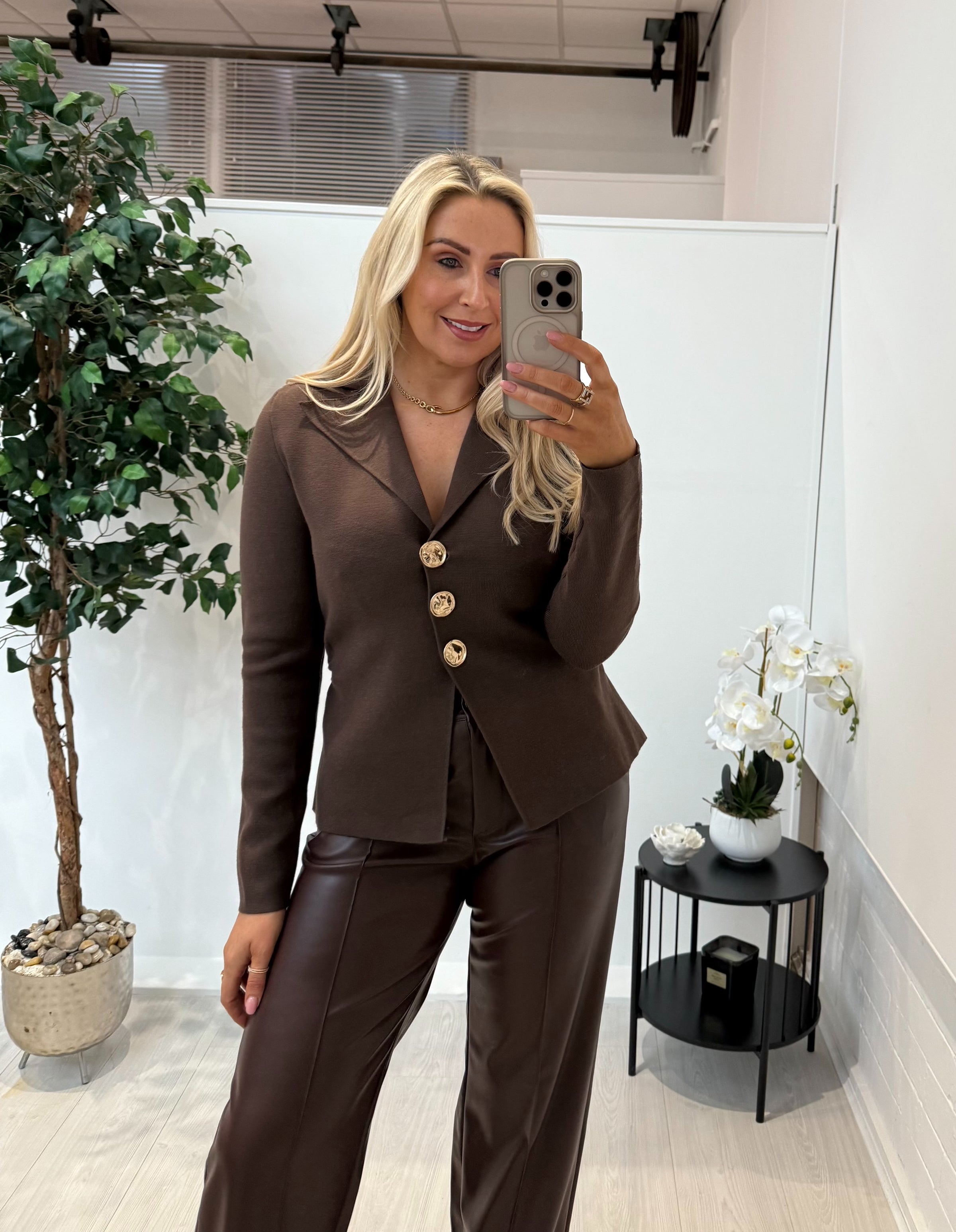 Nikki Gold Button Top In Chocolate