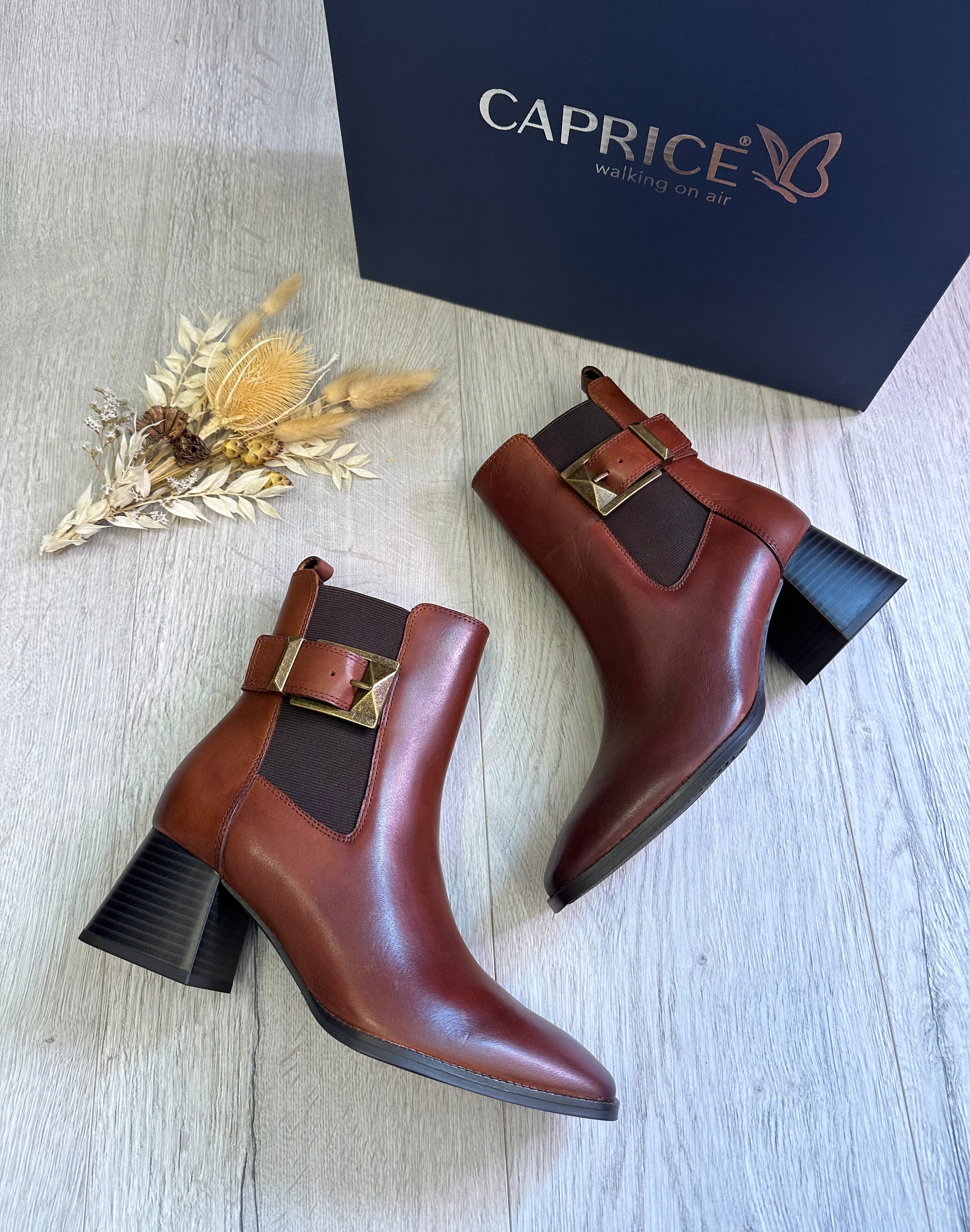 Caprice Heeled Ankle Boots in Tan Leather