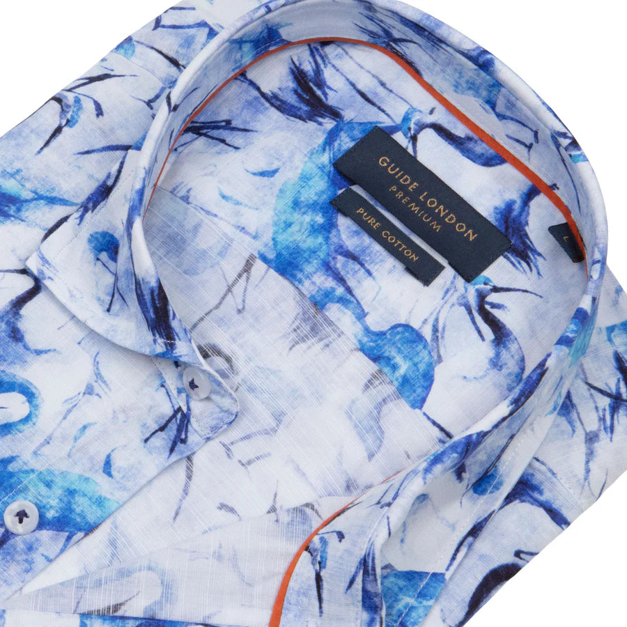 Guide London Bird Print Short Sleeve Shirt In Blue