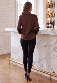 Chocolate High Neck Lace Trim Blouse