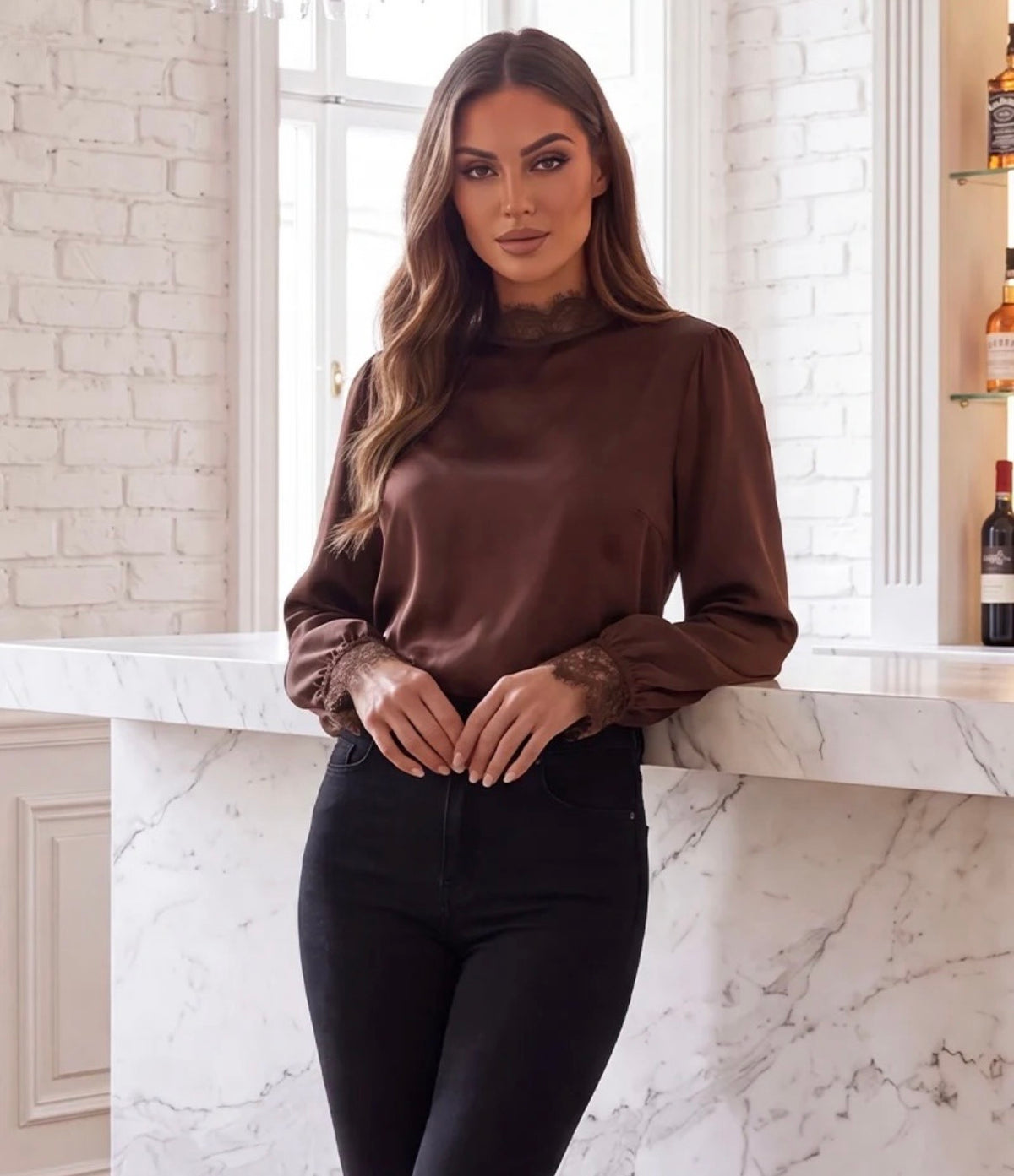Chocolate High Neck Lace Trim Blouse