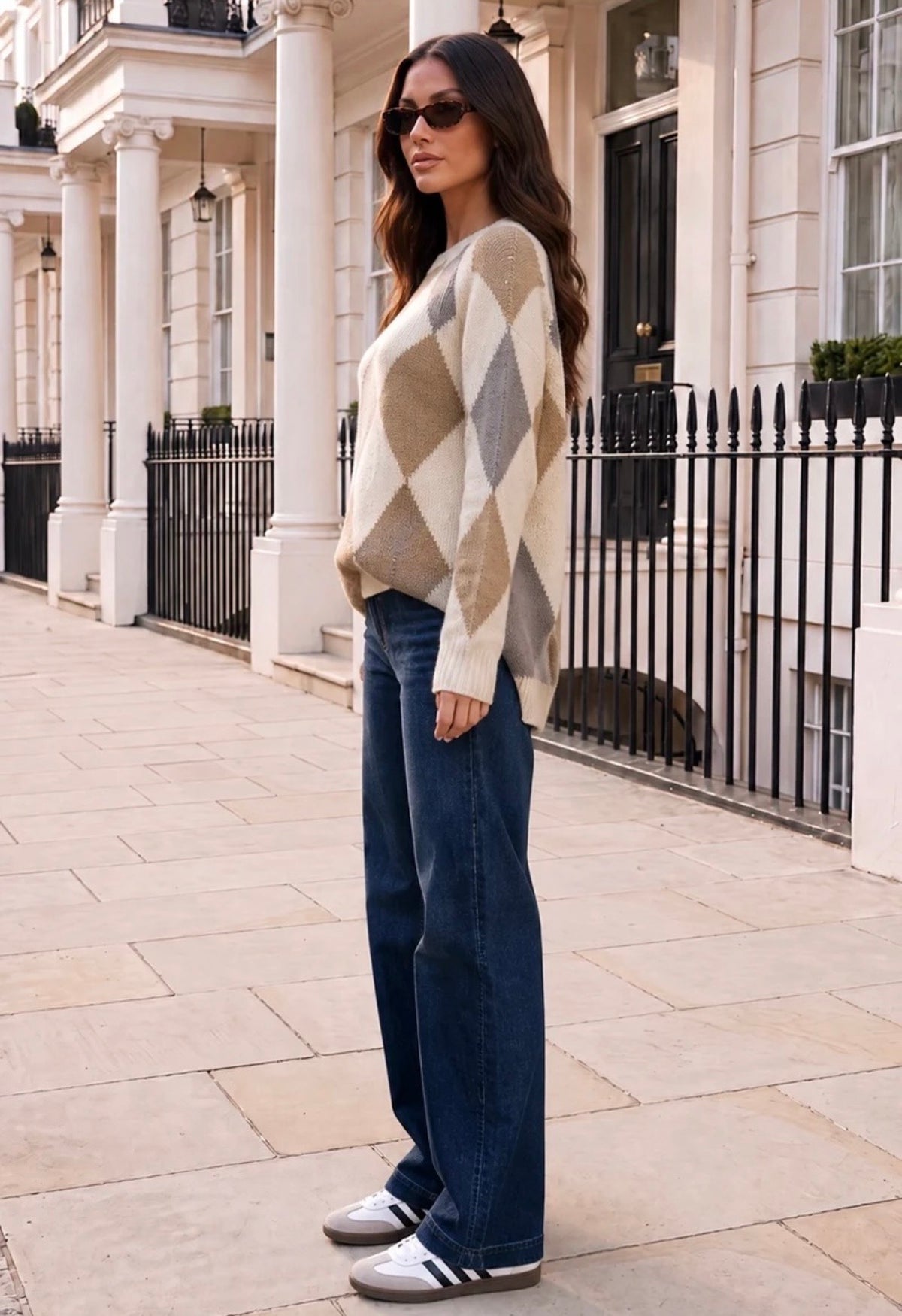 Multi Cream Argyle Diamond Crew Neck Jumper