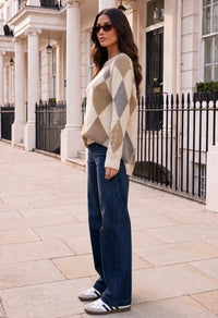 Multi Cream Argyle Diamond Crew Neck Jumper