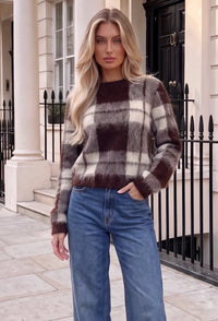 Chocolate And Cream Check Brushed Knit Jumper