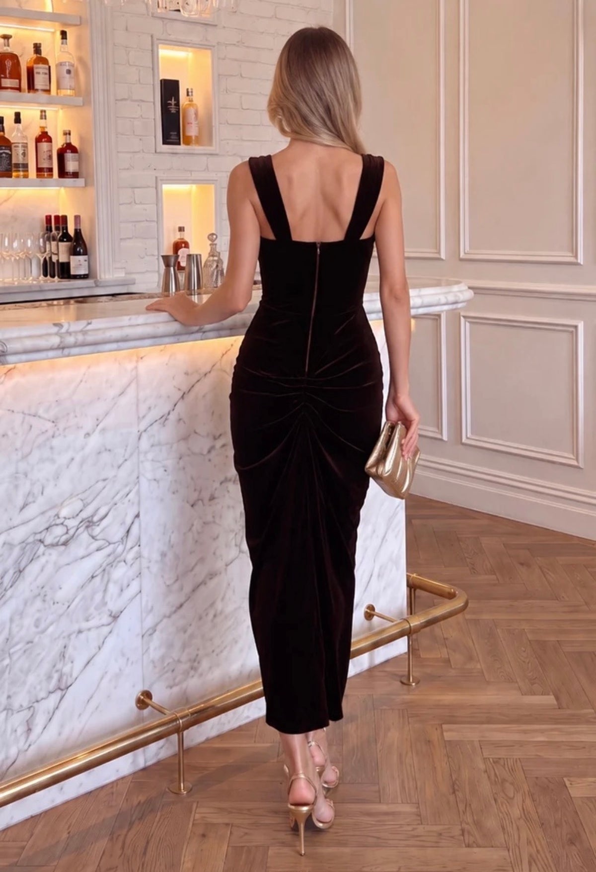 AX Paris Chocolate Velvet Gold Detail Knot Midi Dress