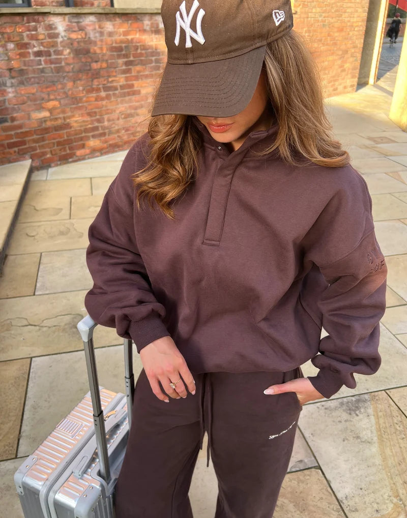 Gym + Coffee Snap Collar Sierra Sweatshirt In Mocha Bean