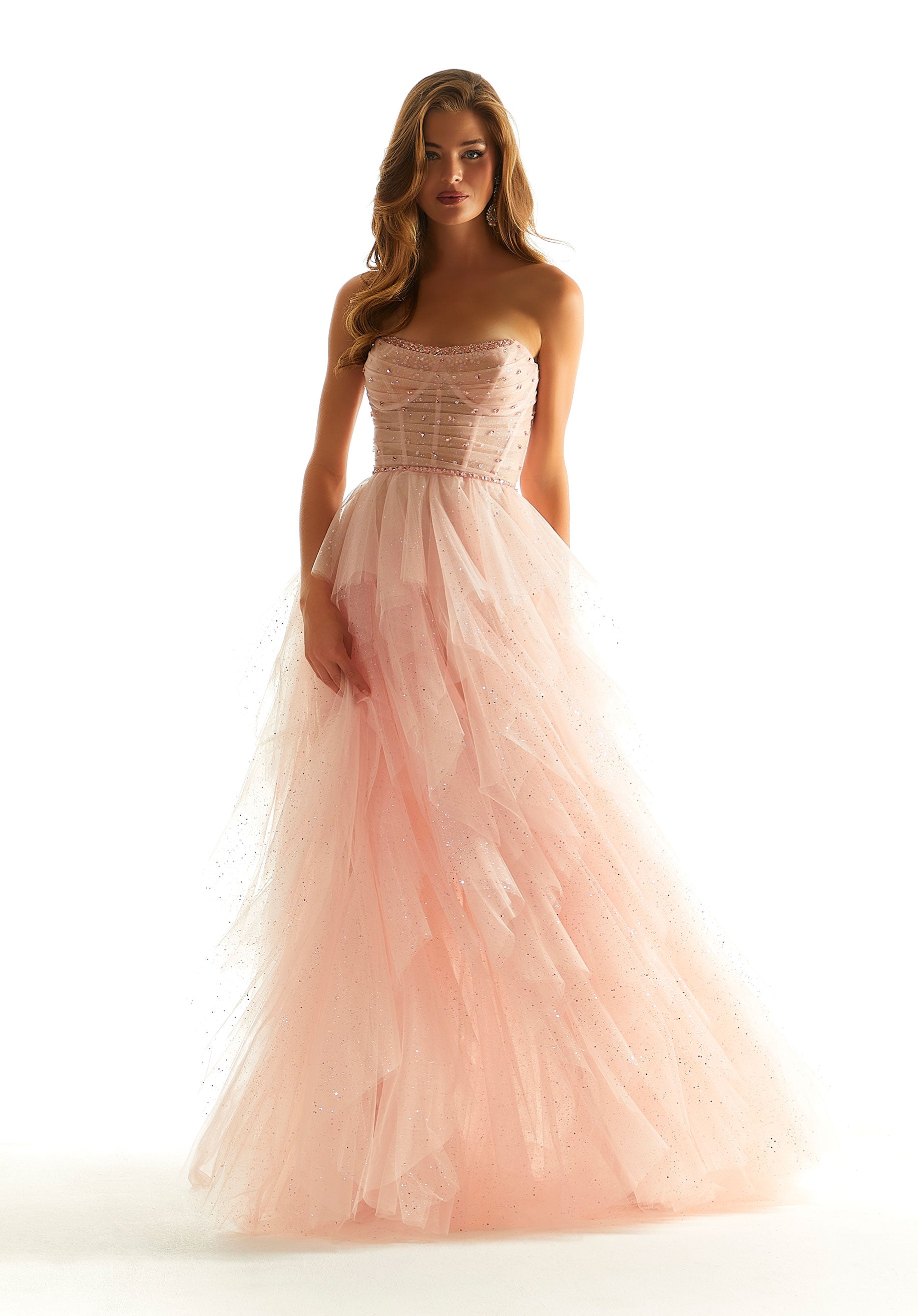 Mori Lee Flounced Sparkle Tulle Prom Dress In Blush – elanclitheroe