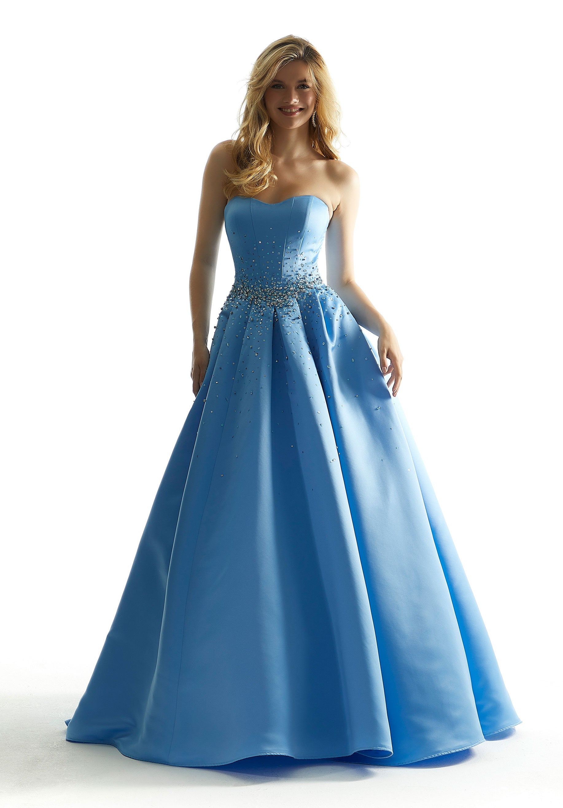 Mori Lee Crystal Beaded Satin Prom Dress In French Blue