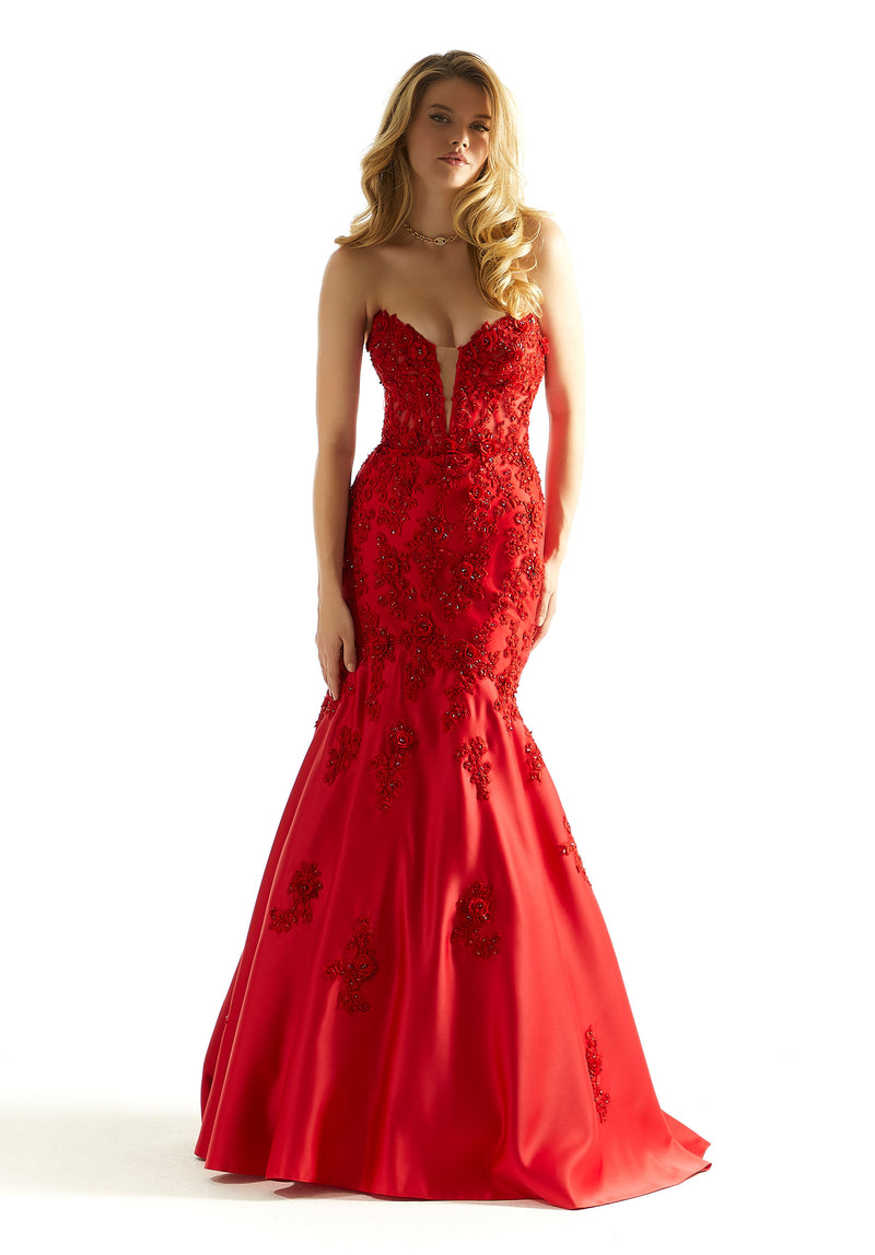 Mori Lee Three Dimensional Floral Satin Prom Dress In Red