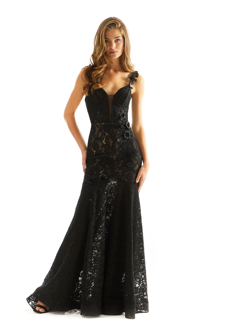 Mori Lee Beaded Allover Lace Prom Dress In Black/Nude