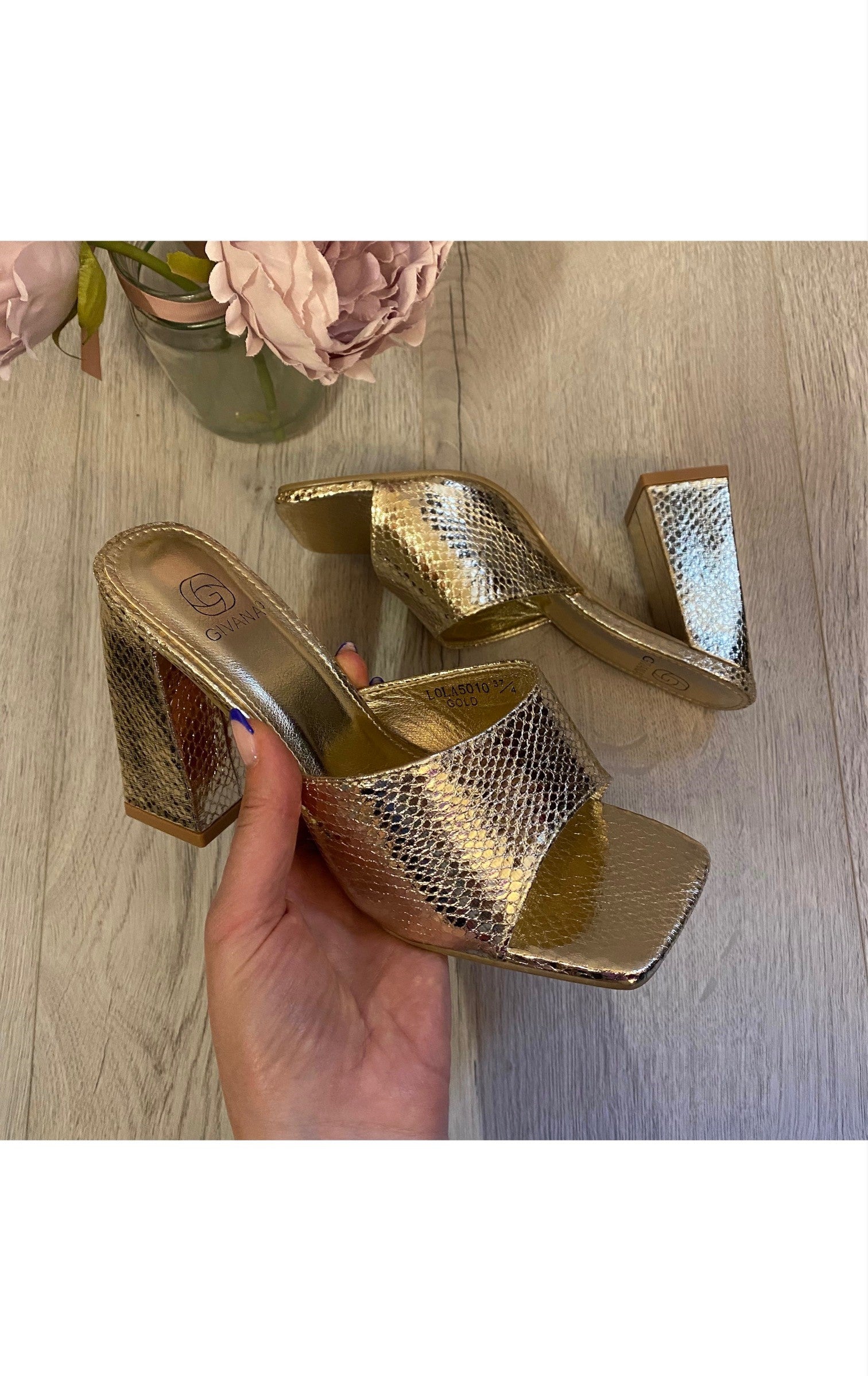 Gold mules 2024 heels uk